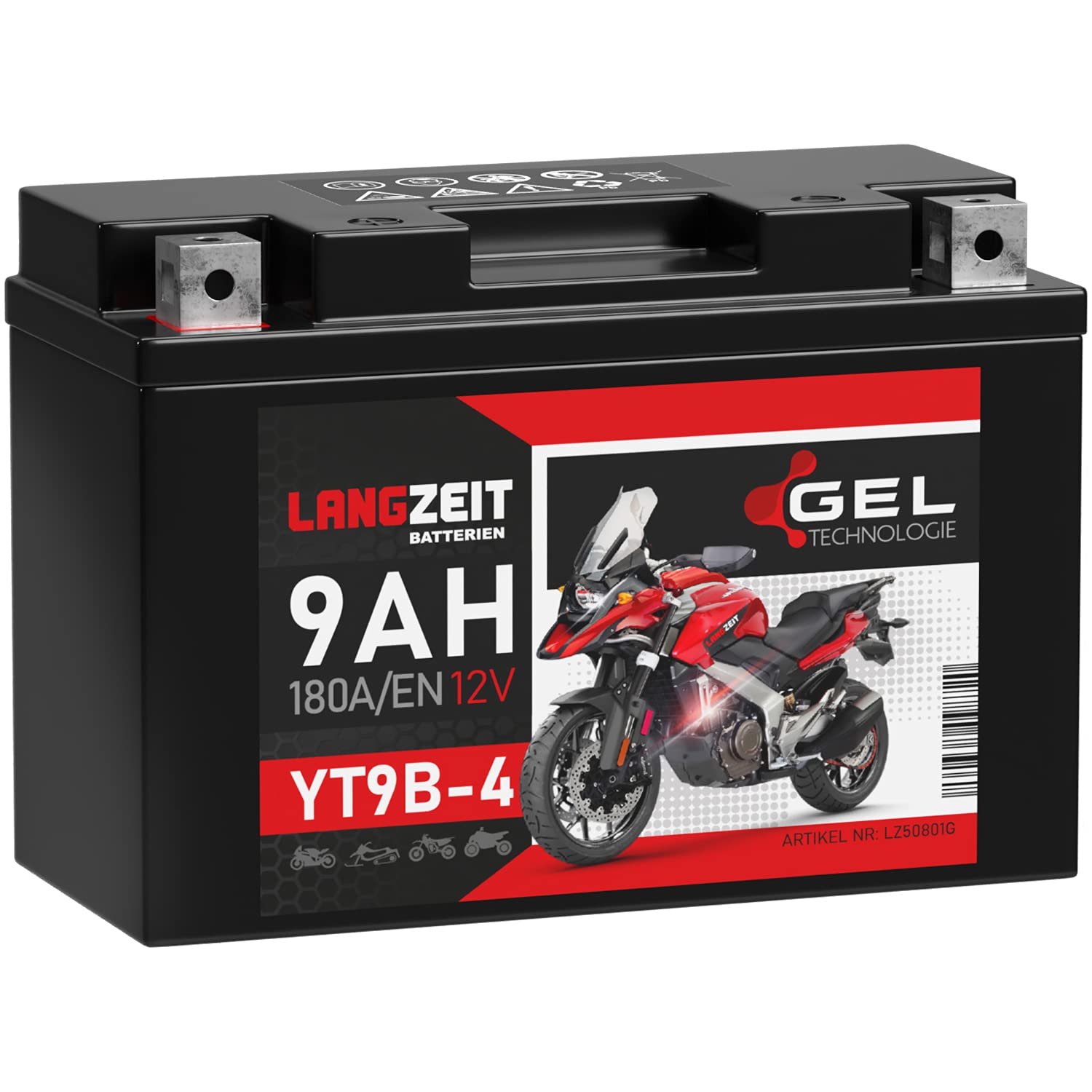 LANGZEIT YT9B-4 GEL Motorradbatterie 12V 9Ah 180A/EN YT9B-BS 50801 50815 GT9B-4 Gel Batterie 12V doppelte Lebensdauer auslaufsicher wartungsfrei statt 8Ah