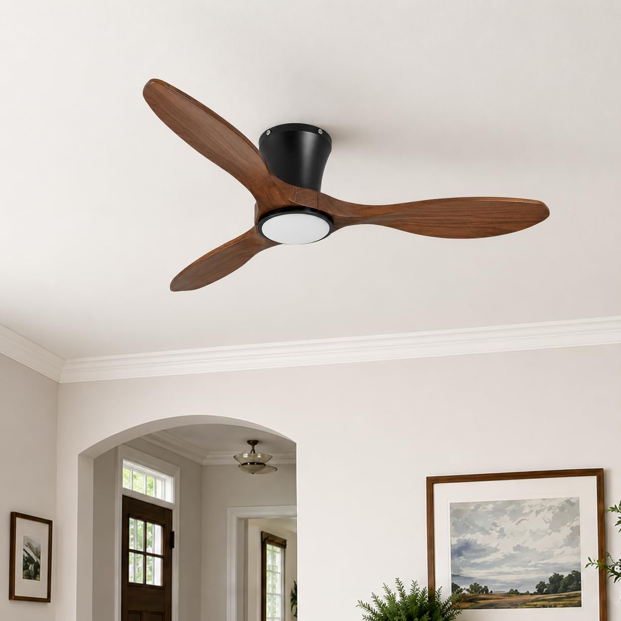 Photo 1 of Skylike 42" Flush Mount Wood Ceiling Fan with Lights, 3 Blade Low Profile Farmhouse Ceiling Fan with Remote Control,Quiet Indoor/Outdoor Dark Walnut Ceiling Fan for Patio,Gazebo, Balcony, Living Room