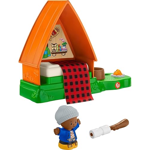 Fisher-Price Little People A-Frame Cabin, electronic camping playset with light, sounds, figure and accessory for toddlers and kids ages 1 to 5 years