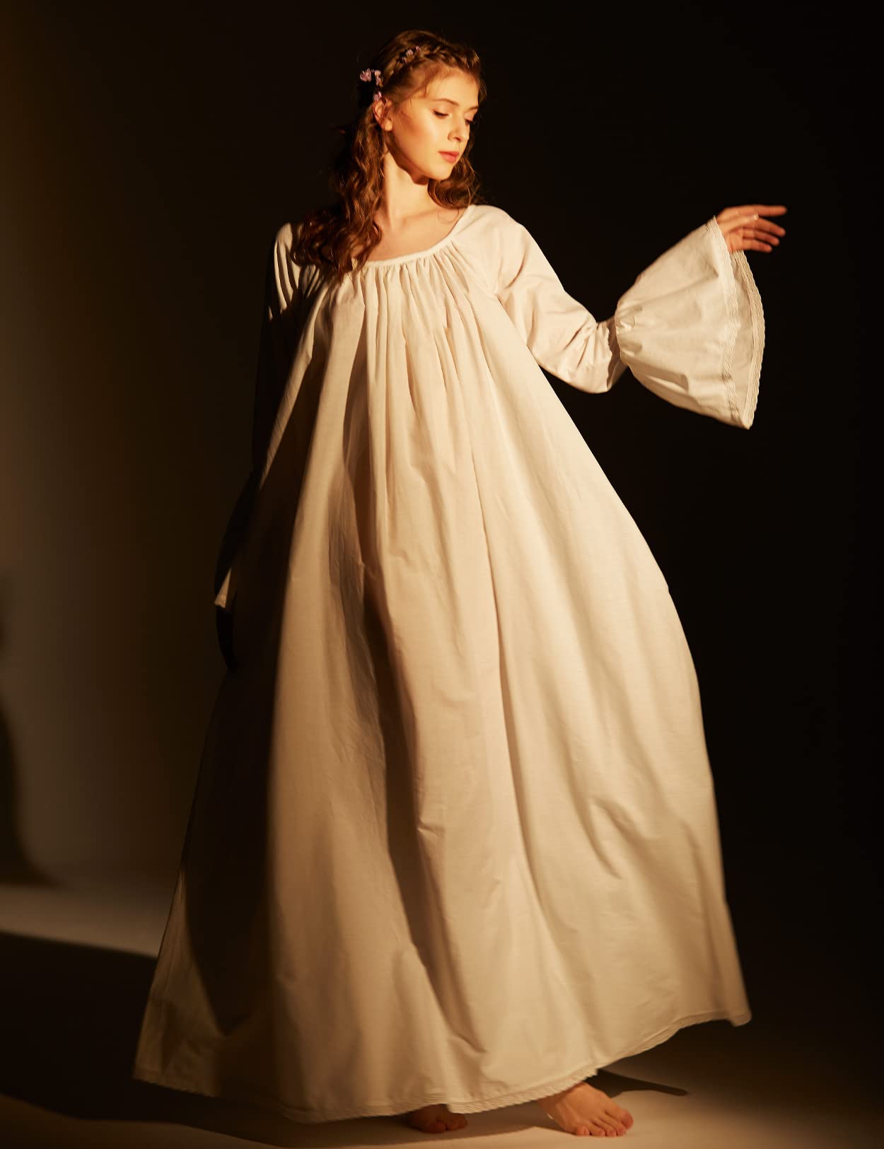 BEAUTELICATE Viktorianisches Nachthemd Langarm 100% Baumwolle Lang Nachtkleid Für Damen Braut Hochzeit Loses Retro Nachtwäsche Elfenbein