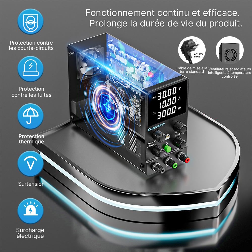 Alimentation DC Variable, 30V 10A Régulable à Commutation Réglable DC Banc Alimentation Linéaire avec Affichage LED à 4 Chiffres de Haute Précision, Port USB 5V/2A, Réglages Grossiers et Fins