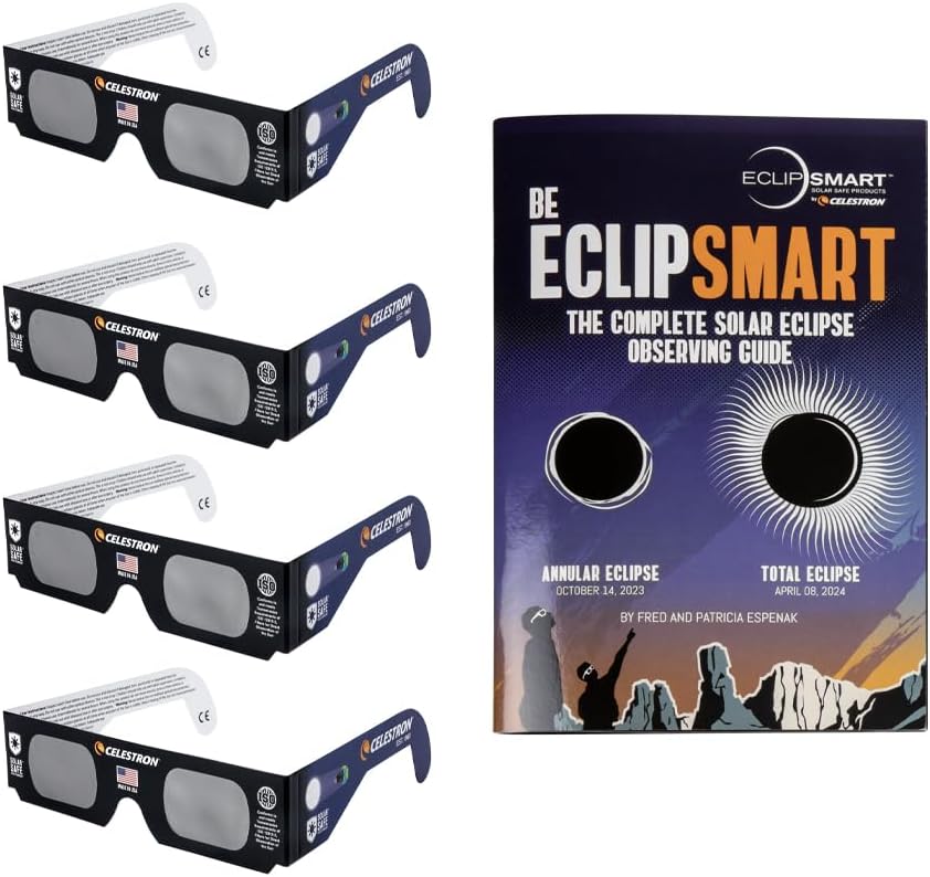 Celestron – EclipSmart Solar Shades Observing Kit – Meets ISO 12312-2:2015(E) Standards – Four Eclipse Glasses & Guidebook – Perfect for Safe Sun Viewing and Sunspots