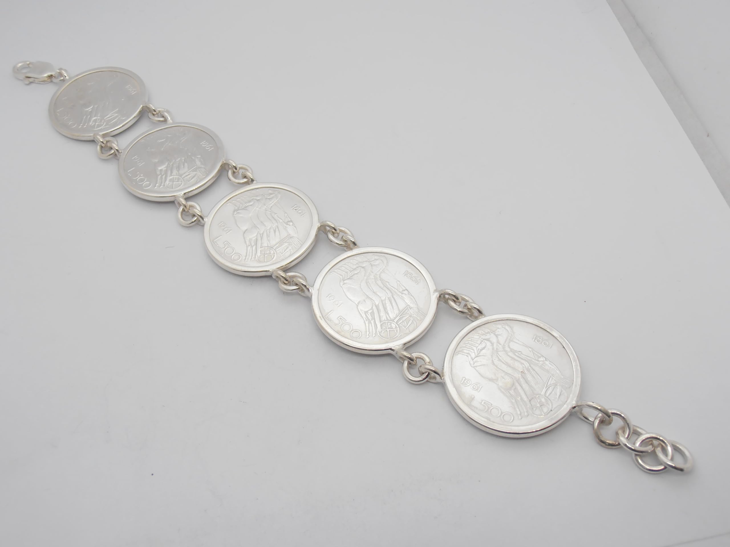 Bracciale in Argento 925 con Monete da 500 lire in Argento serie Quadriga - Centenario - Braccialetto