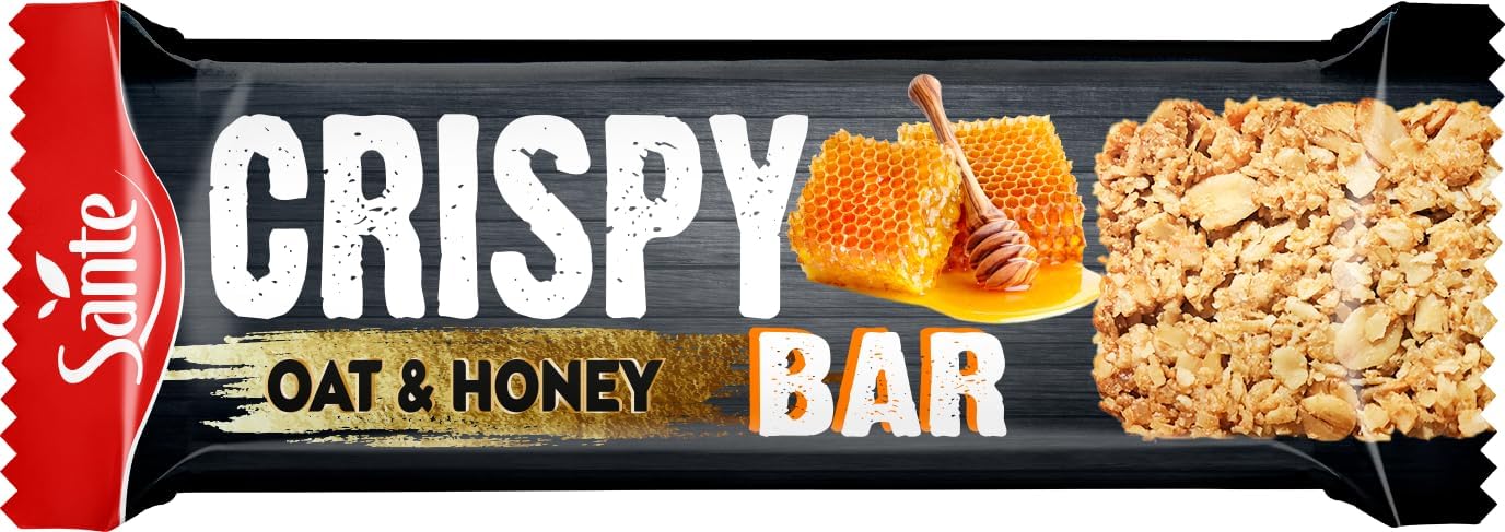 Sante Crispy Bar Baton Owsiany z Miodem, Chrupki Granola, 61% Pełnoziarniste Płatki Owsiane, 40g, Zestaw 24 Sztuki