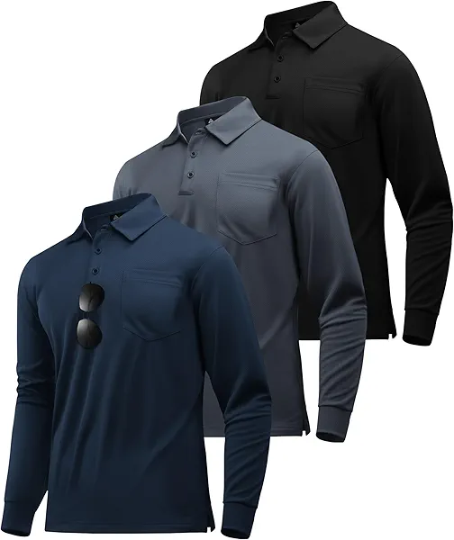 ZITY 3 Pack Long Sleeve Polo Shirts for Men with Pocket Moisture Wicking Outdoor Workwear Office Casual Collared Shirts Fall Black+grey+navy X-Large