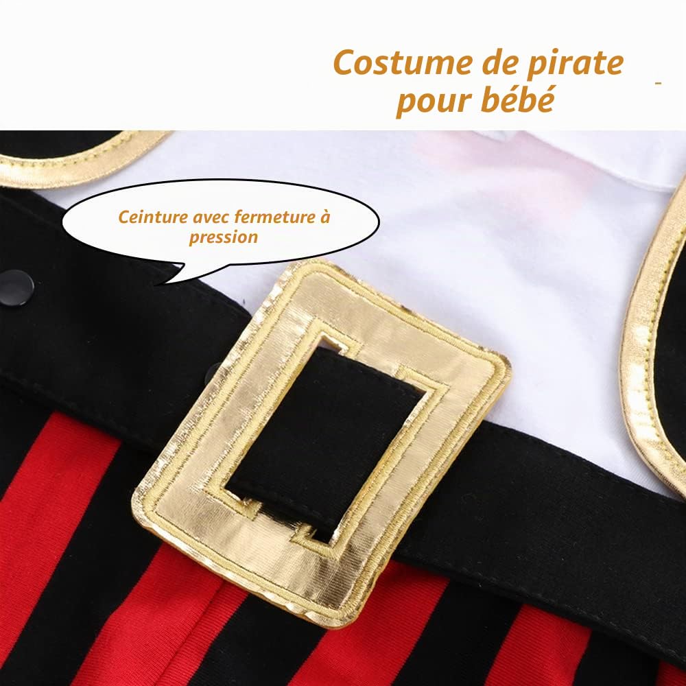 Costume de pirate pour bébé garçon - Costume d'Halloween - 4 pièces - Barboteuse, ceinture, gilet et chapeau - 12-36 mois