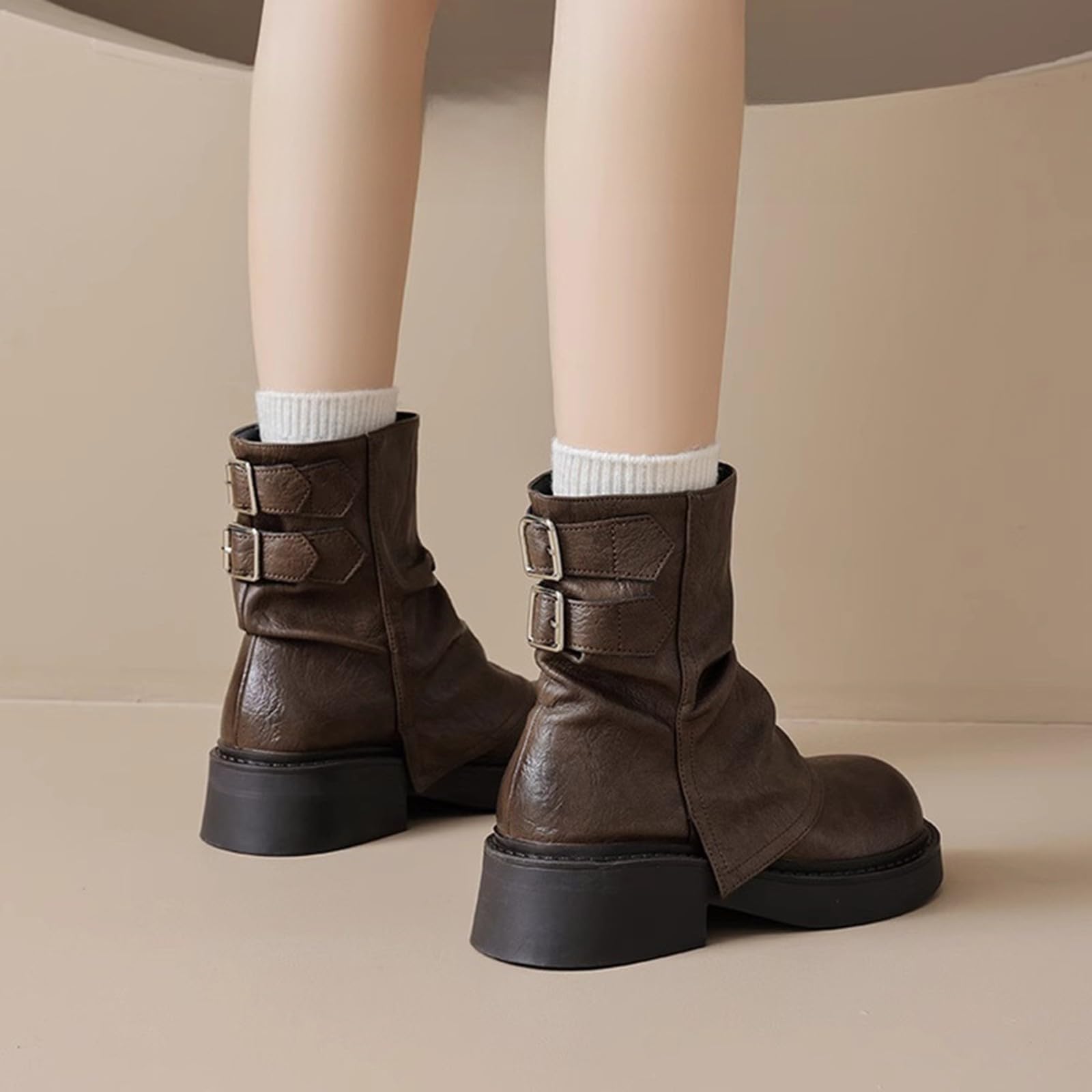 Chelsea Bottines à plateforme pour femme - Style gothique - Bottes de motard pour femme - En cuir synthétique - Largeur H - Bottes d'équitation mi-hautes - Antidérapantes - Bottes d'hiver courtes à