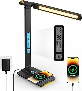 LED Desk Lamp with Wireless Charger - USB Charging Port, Touch Sliding Dimmable Auto Timer Table Lamp with Night Light, Desk Lights with Clock for Study Reading Home Office （Black）