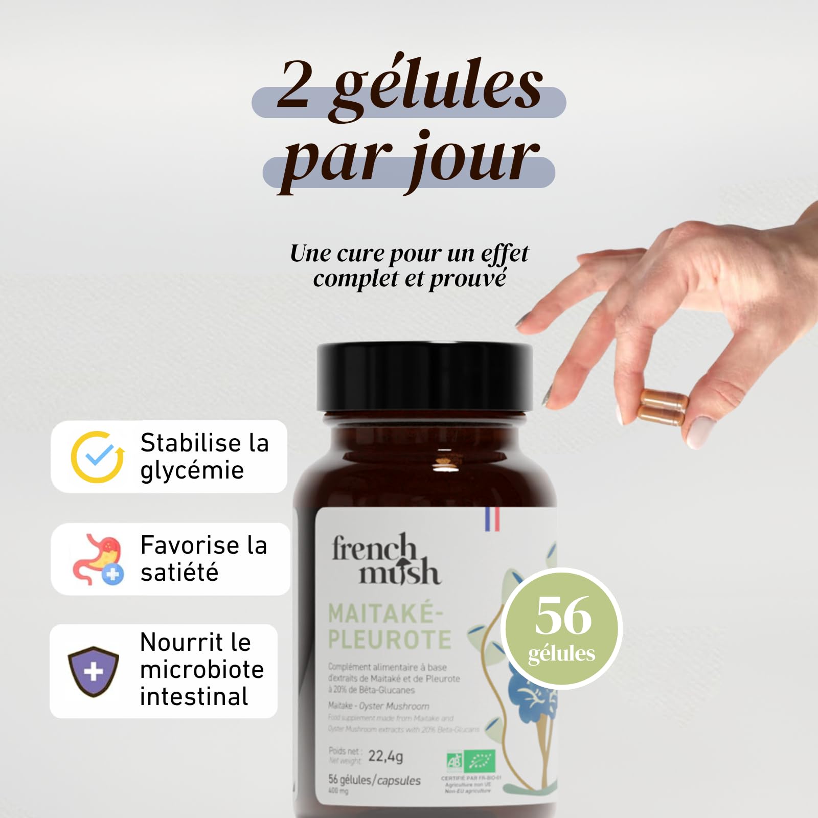 French Mush - Duo Maïtaké Pleurote Bio - 56 Gélules Vegan - Satiété, Digestion & Métabolisme - Extraits Concentrés (20% Bêta-Glucanes) - 2 Gélules/Jour - 100% Bio & Fabriqué en France