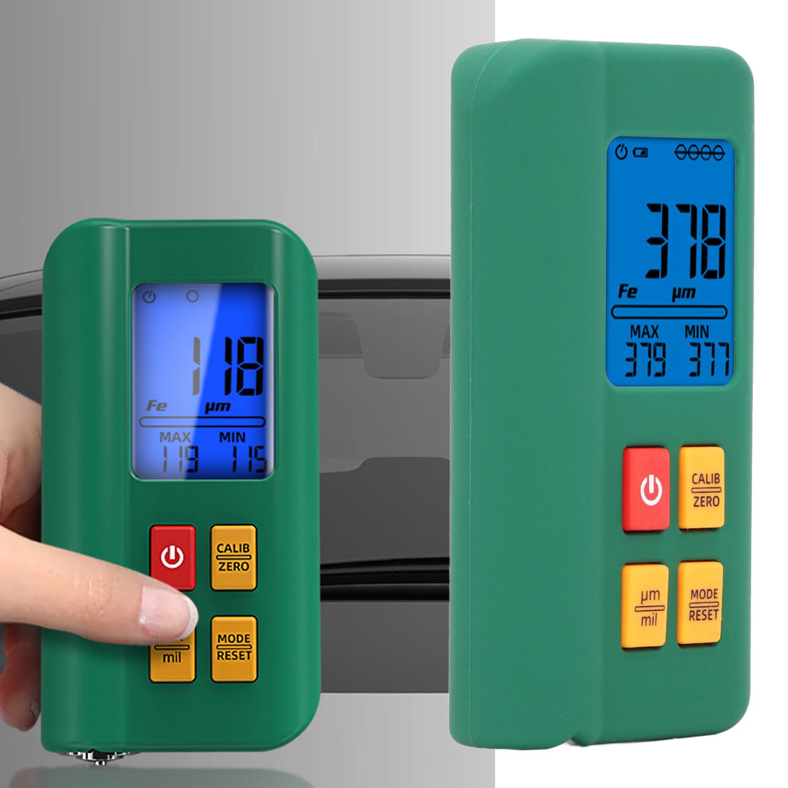 Spessimetro per verniciatura, misuratore di spessore per rivestimenti da 0-1500μm ad alta precisione con display LCD retroilluminato, 2 modalità di test spessimetro digitale