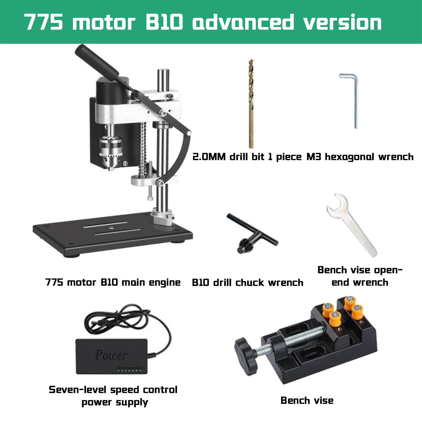 Mini trapano a terra 775, 300 W, 7 marce, corsa regolabile 50 mm, portata mandrino 0,6 – 6 mm, trapano per legno, metallo, modellismo e plastica