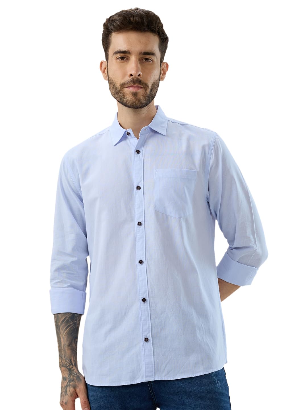 Nick&Jess 100% Cotton Mens Linen Blend Solid Color Sky Blue Slim Fit Shirt-image-19