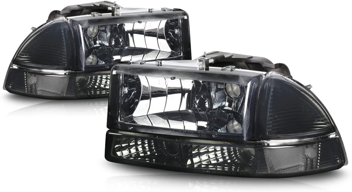 PM PERFORMOTOR Smoke Lens Clear Corner Headlights Replacement Compatible with 98-04 Dodge Durango / 97-04 Dakota, PMHL-DODA-9704-4P-OH-SC Smoked Clear