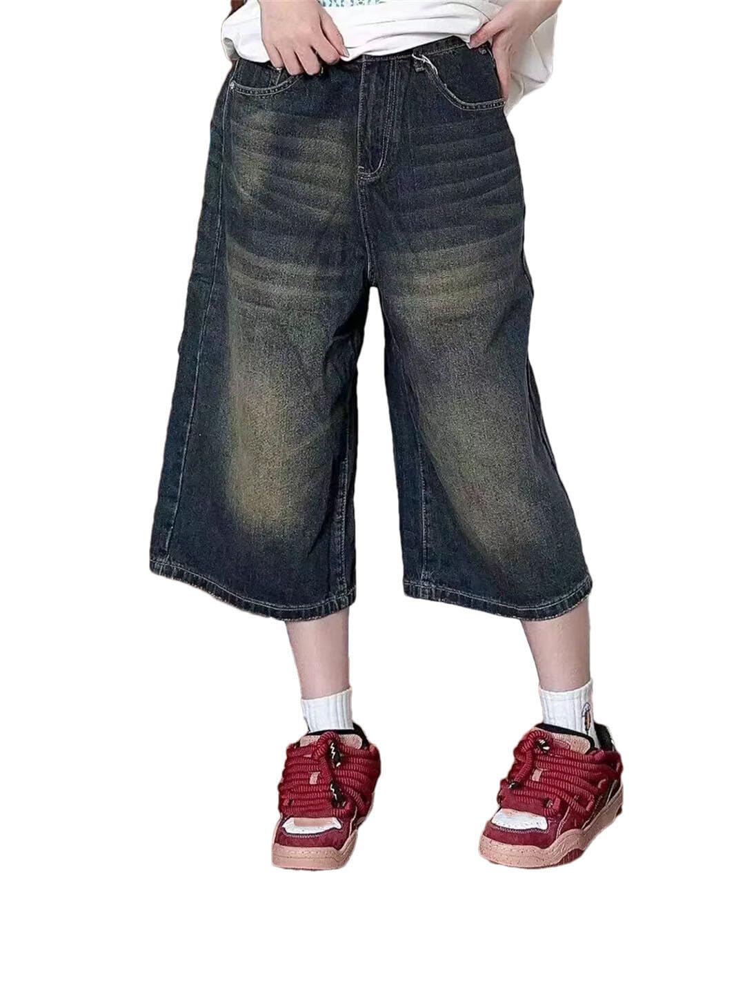 Damskie szorty jeansowe z wysokim stanem w stylu ulicznym o luźnym kroju średniej długości, Niebieski retro, XL