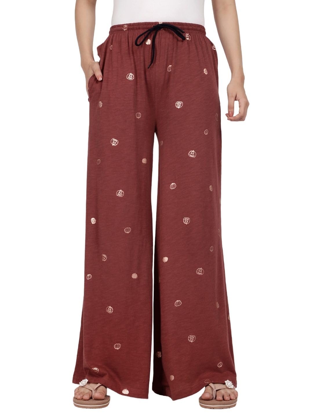 esplendido Women pyjama pure cotton relaxed fit Wide-leg loungepant (Maroon;M)-picture-10