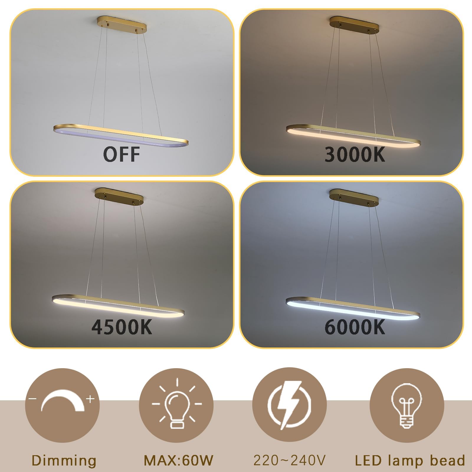 Oval Hängeleuchte LED Dimmbare Hängelampe Ring Pendelleuchte Moderne Esstisch Lampe mit Fernbedienung Höhenverstellbar für Wohnzimmer Esszimmer Küche Arbeitszimmer Schlafzimmer Gold 70cm