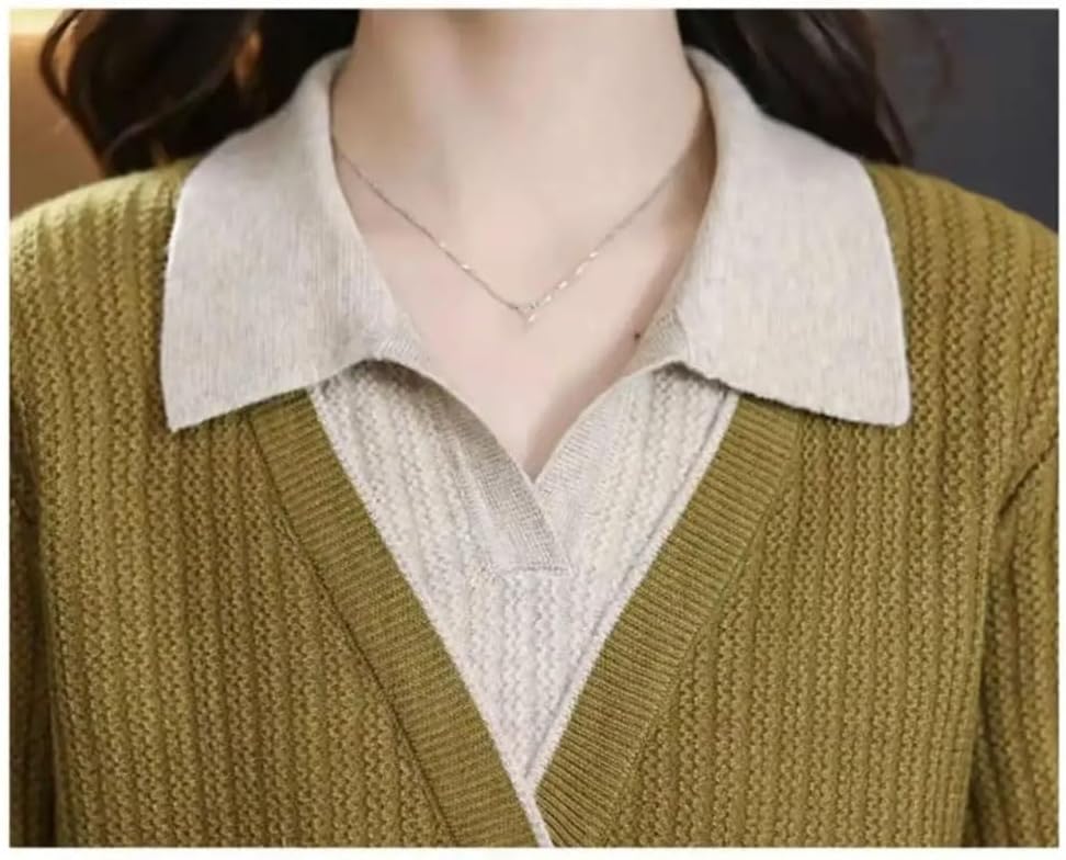 Women's Fake Two Pieces Sweaters Lapel Single Breasted Long Sleeve Bottoming Pullovers Knitted Tops