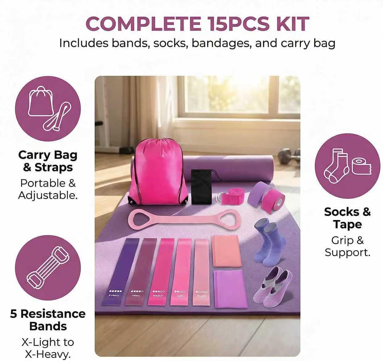 Pilates Kit for Home Workouts,15 Pcs Pilates Equipment Set for Women with Resistance Bands Yoga Socks Muscle Bandage
