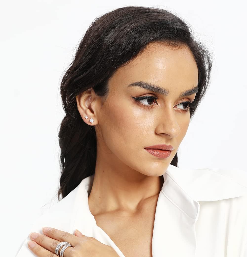 MDFUN 5 Pairs Square Earrings Set for Women Hypoallergenic 18K White Gold/Yellow Gold/Rose Gold Plated Princess Cut Clear Cubic Zirconia Stud Earring 3-7MM Pack of 5 - Image 2