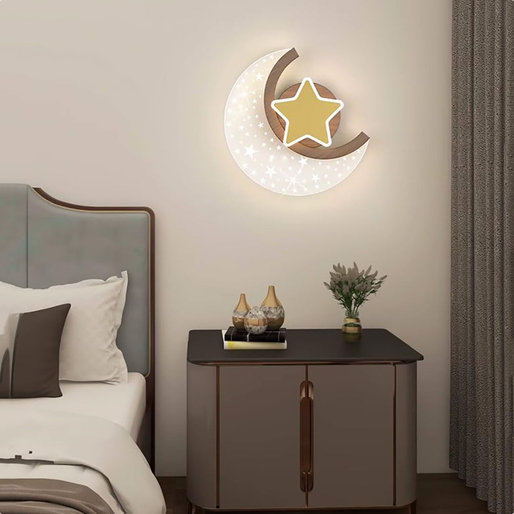 LED Mond Wandlampe Innen Holzoptik 12W Modern Kinder Wandleuchte Sterne und Mond Nachttischlampe 3 Farbtemperatur Junge Mädchen kinder Schlafzimmerlampe Nachtlicht Kinderzimmer Wandbeleuchtung,1 pcs.