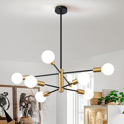 Miniatura 1 de Candelabros Sputnik modernos con 8 lámparas doradas y negras, iluminación colgante contemporánea ajustable para colgar en el techo para salas de