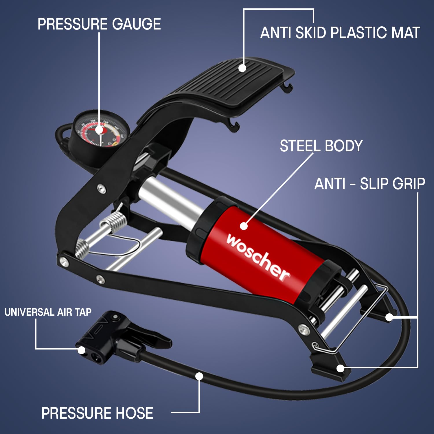 Woscher StepAir Single Cylinder Foot Tyre Inflator for Car and Bike, Air Pump for Car Tyre, 120 PSI Foot Car Tyre Inflator Pump with Pressure Gauge | Cycle Pump for Bicycle | Tyre Inflator Kit 2