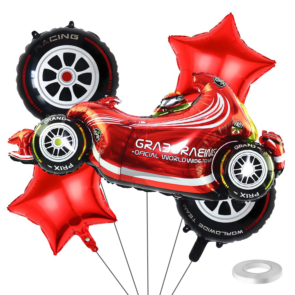 Race Cars Birthday Decorations, Cars Balloons, Birthday Decorations for Men,HSC 5 Piece Red and Black Foil Balloons Set with Star, Tire, Race Car Designs for Racing Theme Party Supplies