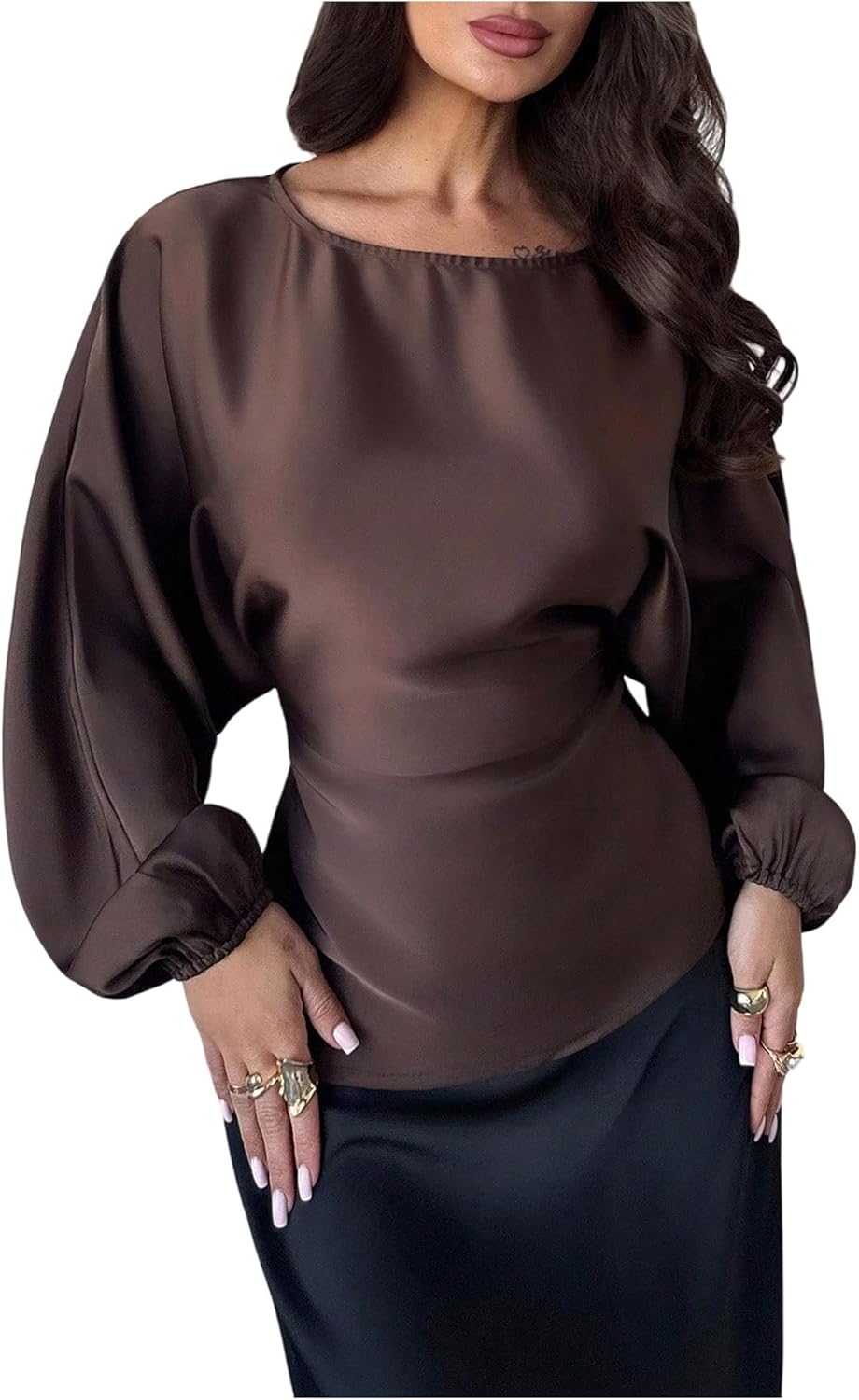 SHENHE Women's Satin Blouse Long Lantern Sleeve Dressy Casual Business Work Blouse Tie Back Top