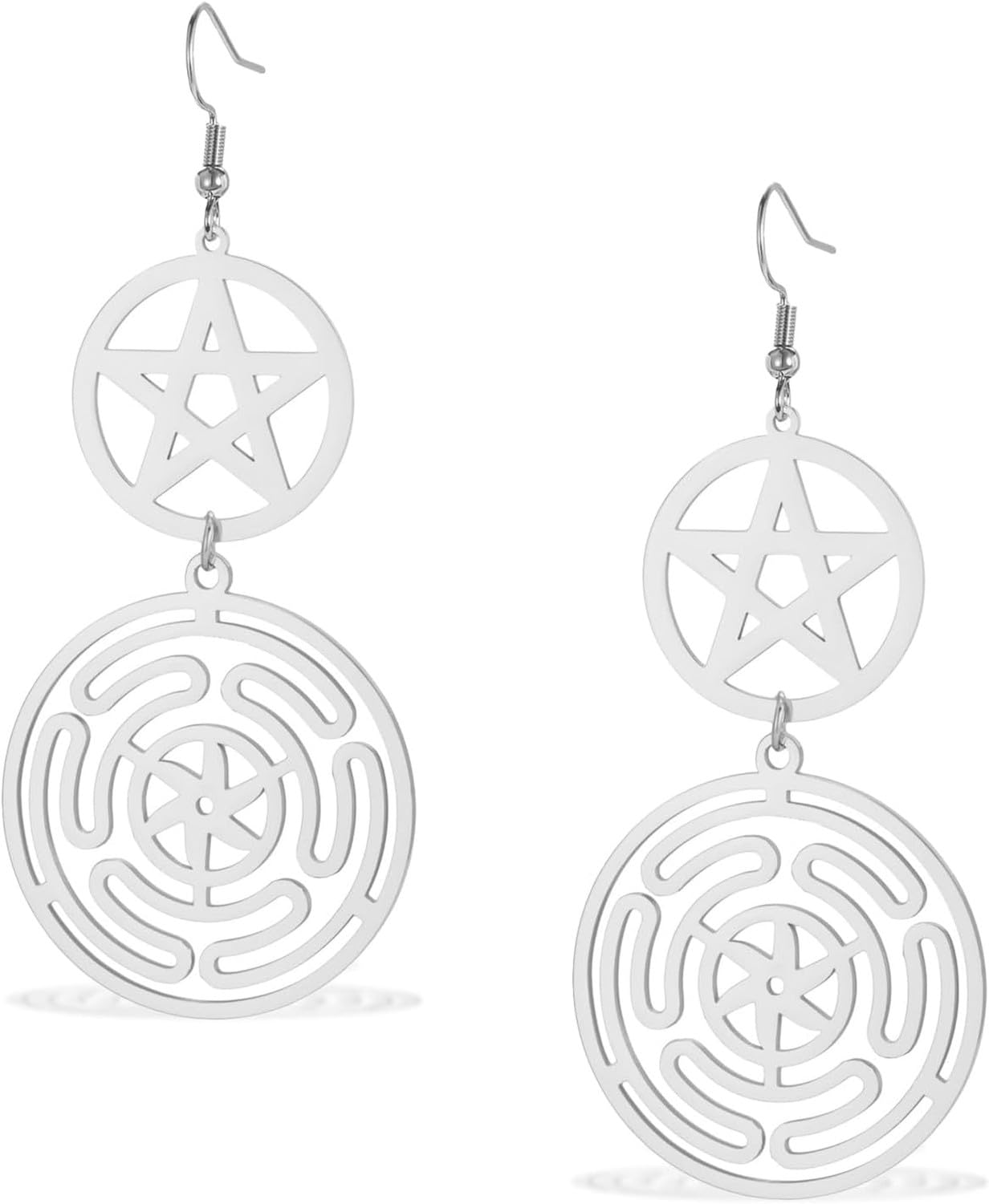 WOMGKDA Hecate Wheel Wiccan Pentagram Dangle Earrings Stainless Steel Goddess Sigil of Lilith Jewelry for Women, silver hecate earrings