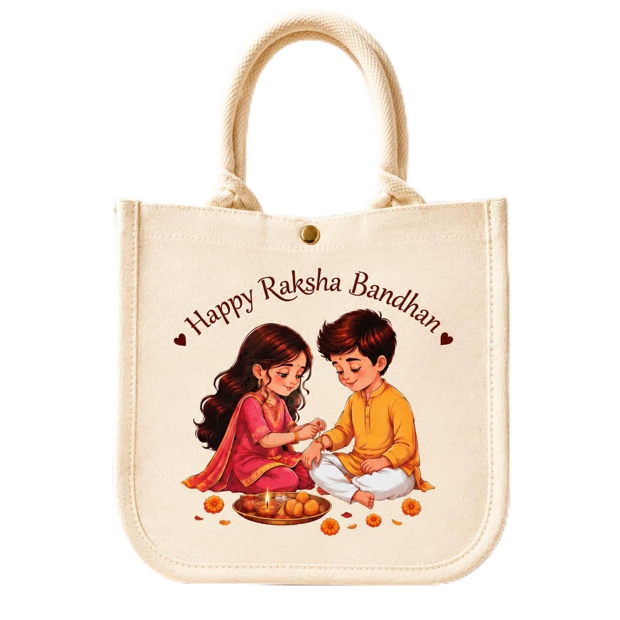 Raksha Bandhan Printed Canvas Tote Gift Bag – Cotton Bag Reusable Hamper & Return Gift Bag with Closure,Synthetic Sheet Support, Designer Print, Eco-Friendly Packaging-image-20