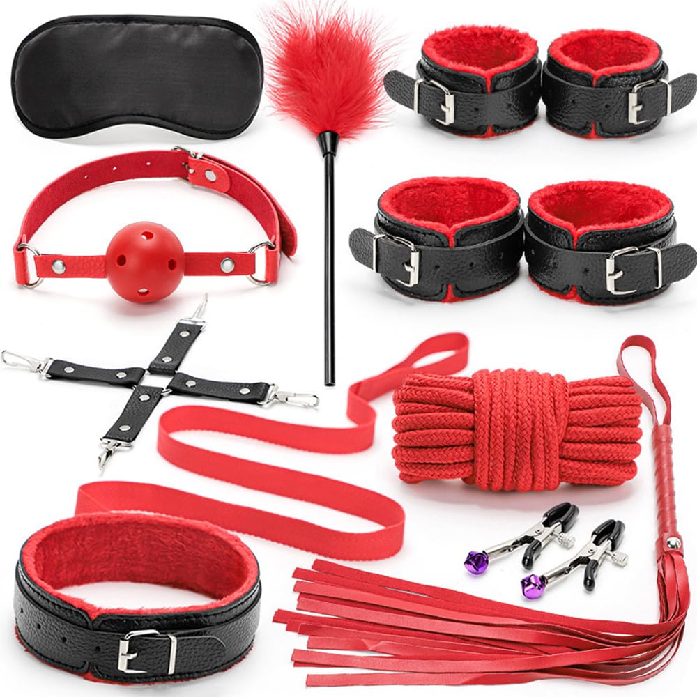 Set da gioco di ruolo per coppie, accessori regolabili, set da dieci pezzi in pelle - per la camera da letto, per aggiungere divertimento a uomini e donne - rosso e nero
