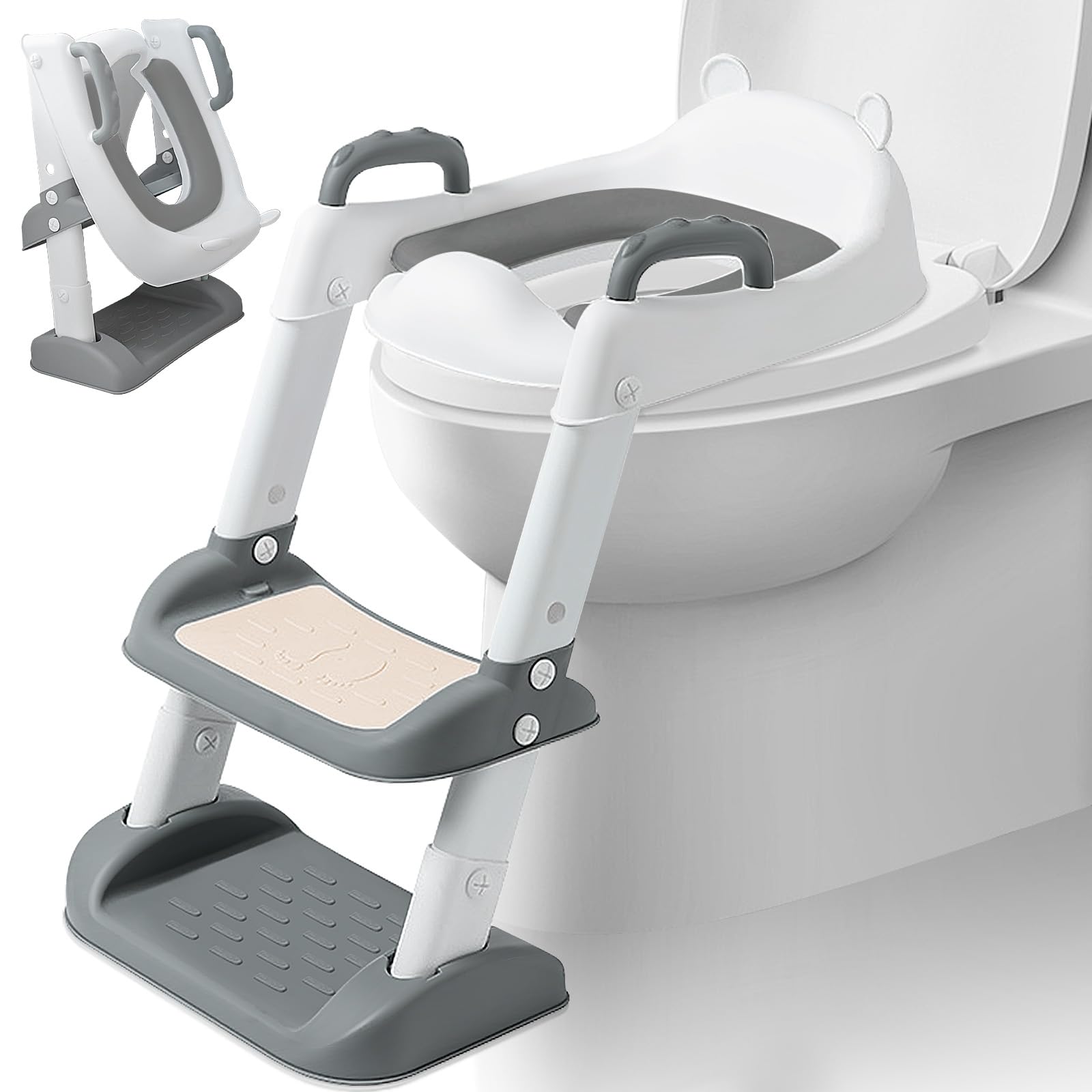 Riduttore WC Bambini, Scaletta WC per Bambini Pieghevole, Vasino Bambini con Scaletta, 2 in 1 Sedile WC con PU Morbida Seduta Adatto per Imbottita maschi e femmine Tazze WC a V, U, O (Grigio)