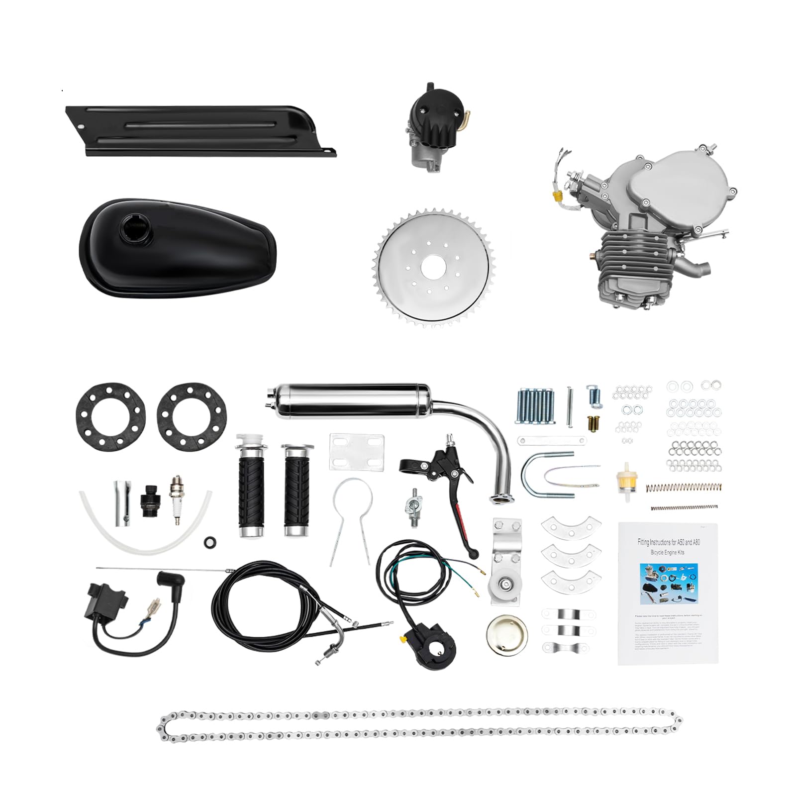 Motor de 2 tiempos 80 CC motorizado, kit de motor de bicicleta de 2,2 kW 6000 rpm para bicicleta de gasolina con marco en V, encendido CDI, piñón