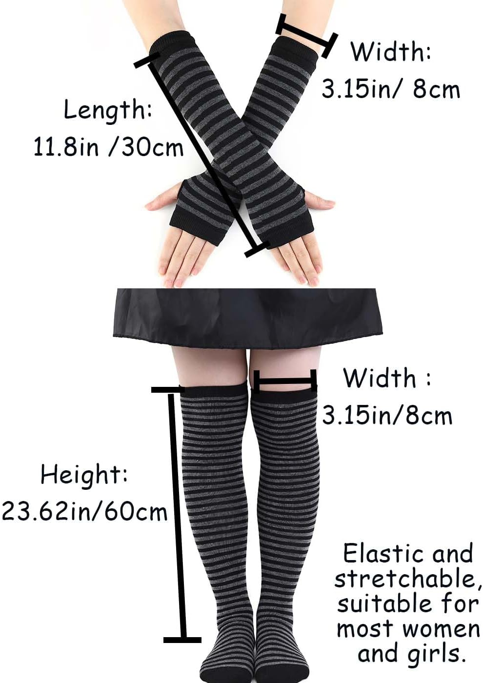 Urieo Striped Knee High Socks Knitted Arm Leg Warmers Set Knit Costume Long Fingerless Gloves with Thumb Hole for Women