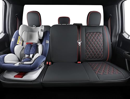 Miniatura 9 de LUCKYMAN CLUB Fundas de asiento de piel sintética F150 para camionetas 2015-2025 F150 y 2017-2025 F250 F350 F450 (juego completo, negro y rojo)