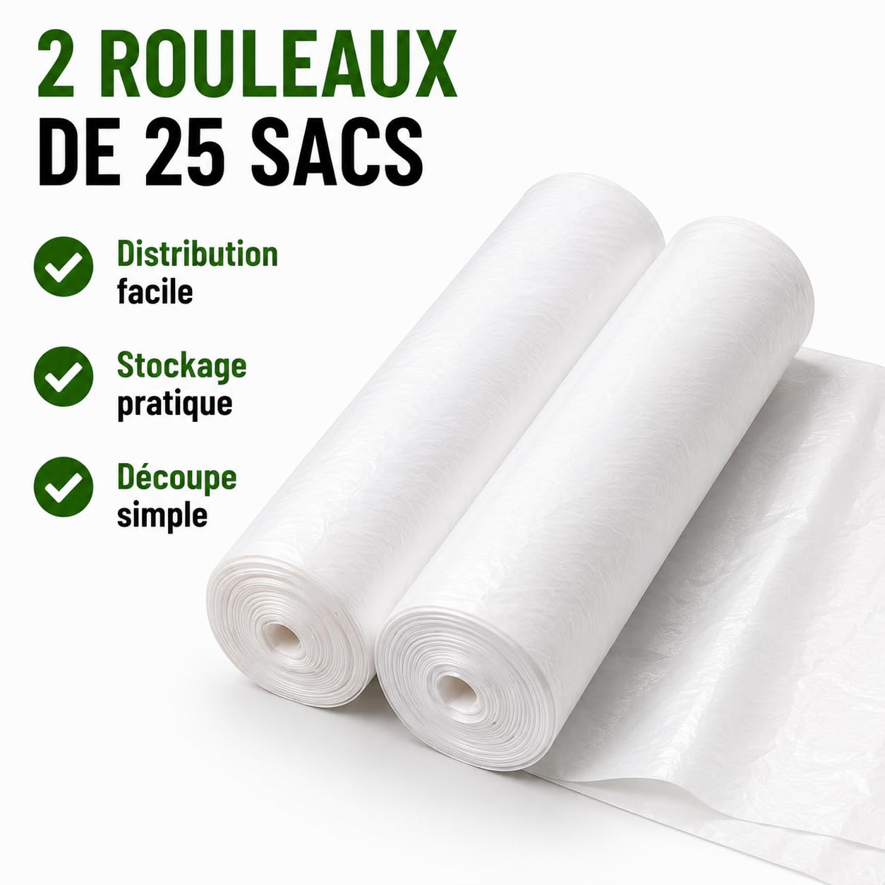 Bolsa de basura blanca 100 l | 50 bolsas de basura de 100 litros (2 rollos de 25 bolsas) | Muy resistente (30 µ) e impermeable | Residuos no alimentarios | Cierre de enlace para atar | Clasificación