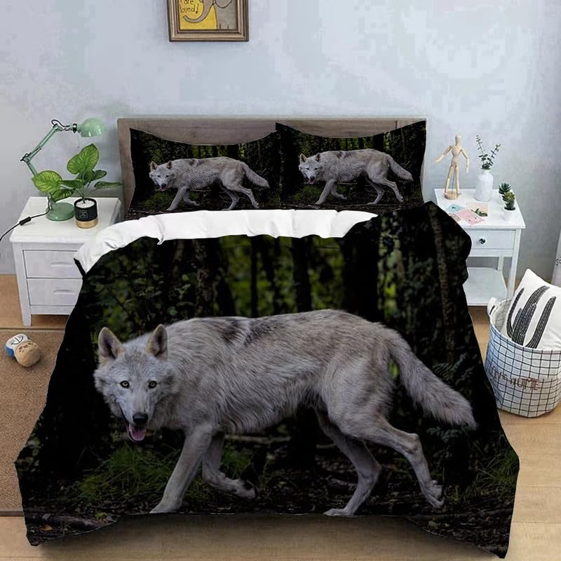 Housse de couette loup vert foncé 140x200 parure de lit microfibre
