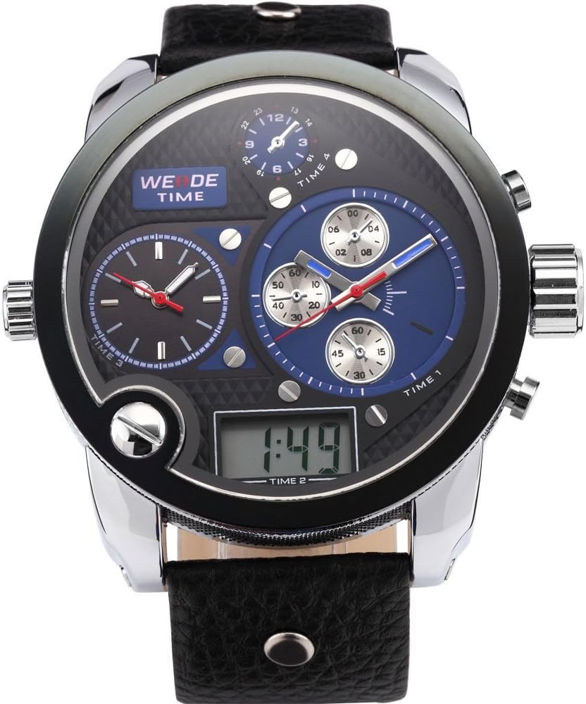 Weide Oversize 3 Time Zones Black Blue Dial Mens Leather Sport Sba Quartz Watch WE130