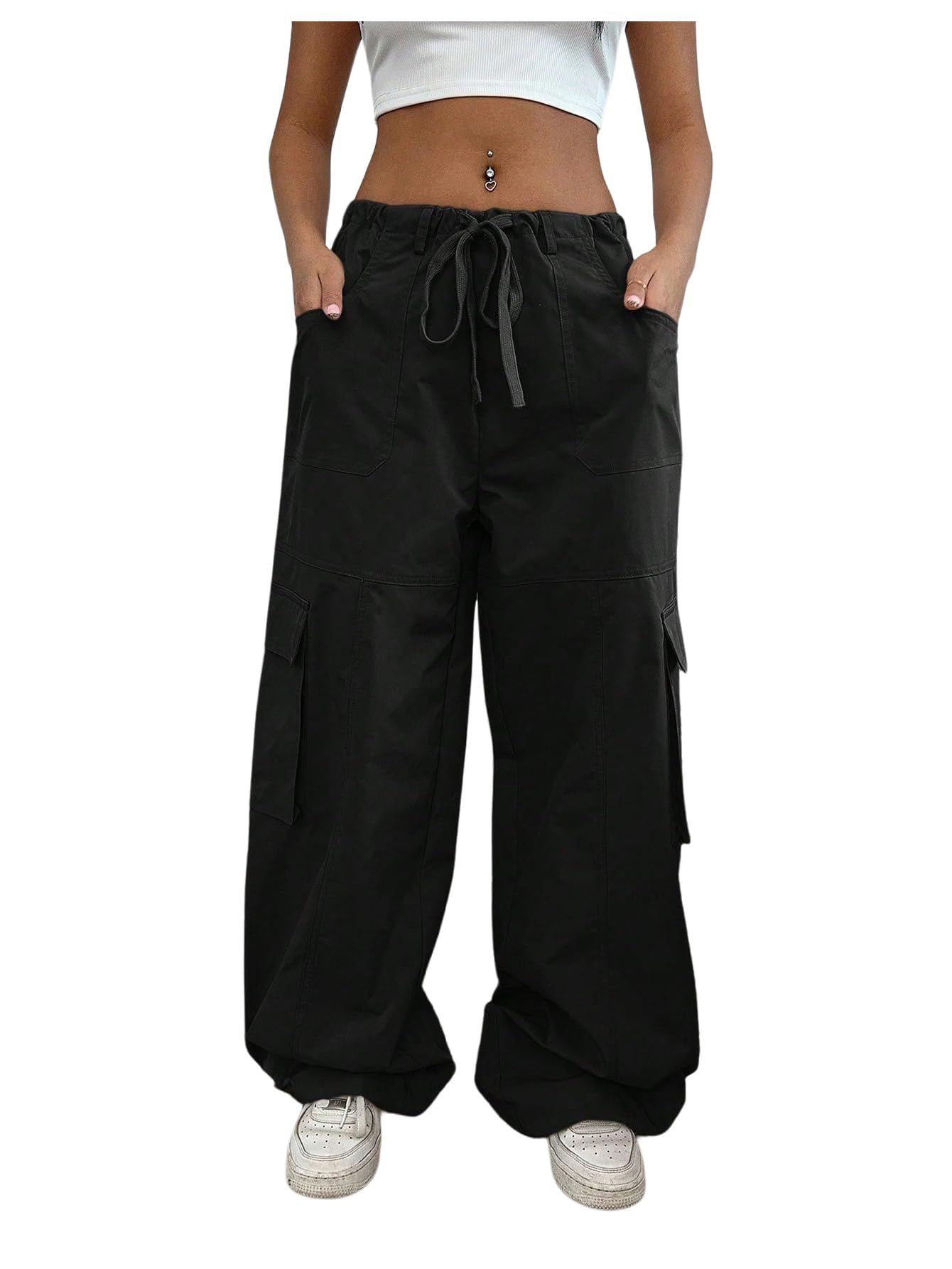 OYOANGLE Womens Low Waist Cargo Pants Wide Leg Y2K Parachute Trousers with Pockets