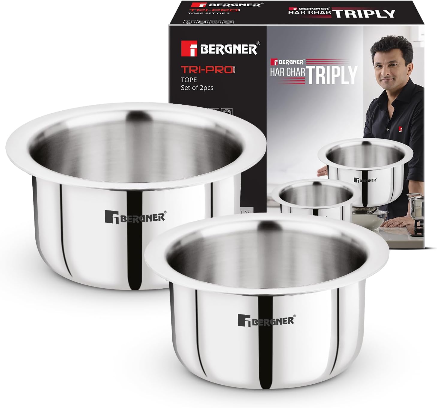 Bergner Tripro Triply Stainless Steel 2 Pcs Tope Set, Stainless Steel 14cm / 1.3 L and 16cm / 1.9 L Tope Set, Less Oil Use for Health Cooking, Even Heat Distribution, Easy to Clean - Induction Bottom