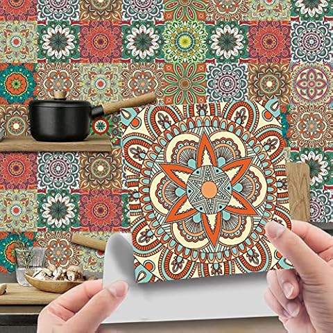 24pcs Mandala Style Tile Stickers,(6x6”) Peel and Stick Adhesive Tile Stickers,Retro Colourful Waterproof Heat-resistant Self-adhesive Wall Stickers for Kitchen Bathroom DIY Home Decor ET220 Cover