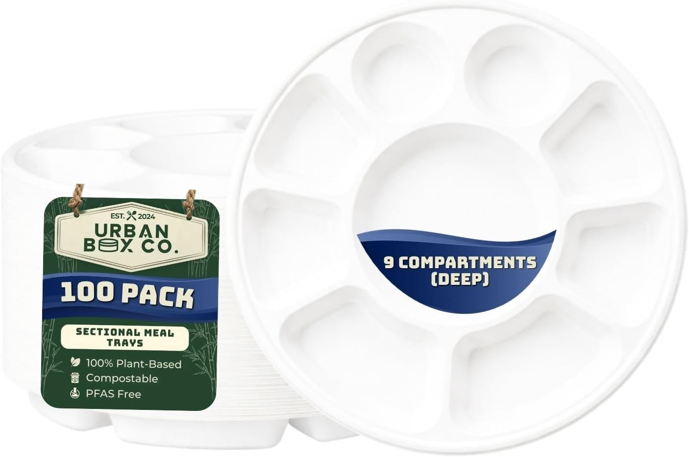 Urban Box Co. 9-Compartment 13 inch Round Heavy Duty Biodegradable Meal Tray, 100 Pack, Eco-Friendly Party Plates for Varieties of Food All in One Plate