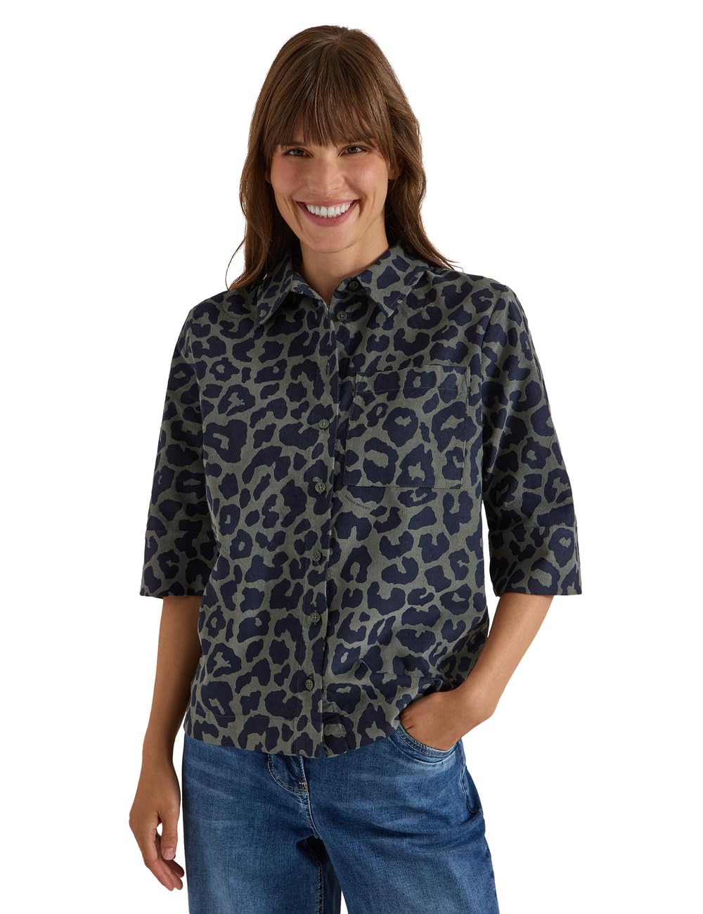 Cecil Short Sleeve Shirt Blouse Corduroy with Leo Pattern Dried Olive Green XS