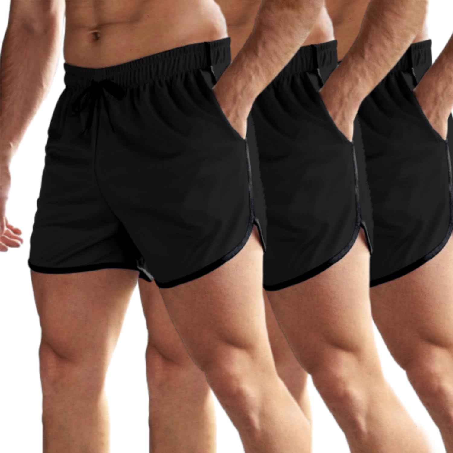 OEBLD Pantalones cortos de correr para hombre de 3 pulgadas, transpirables, de secado rápido, con bolsillos con cremallera, black3, Medium
