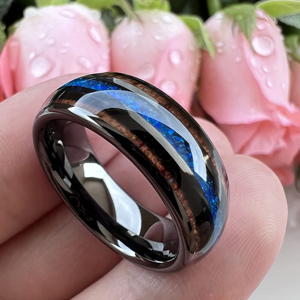 TUTISS Anillos de tungsteno de 8 mm de plata, negro, plomizo, oro rosa, para hombres y mujeres, alianzas de compromiso, alianzas de boda, madera de koa, incrustaciones de ópalo verde, abovedadas