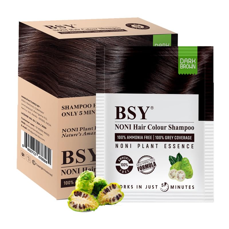 BSY 5-Min Natural Hair Color Brown | Ammonia Free Long Lasting Hair Color Shampoo_Noni Fruit Extract Based Herbal | No Hair Loss, Grey Coverage Hair Dye Shampoo for Women & Men (20ml-12 Sachet)