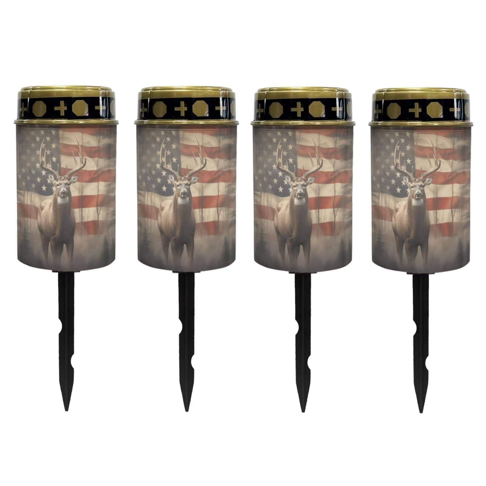Poceacles Solar Lights Cemetery Solar Lights for Grave Solar Candle Solar Lantern Light Walkway Lights Waterproof Landscape Lighting for Loss of Loved One, Deer American Flag, Pack of 4
