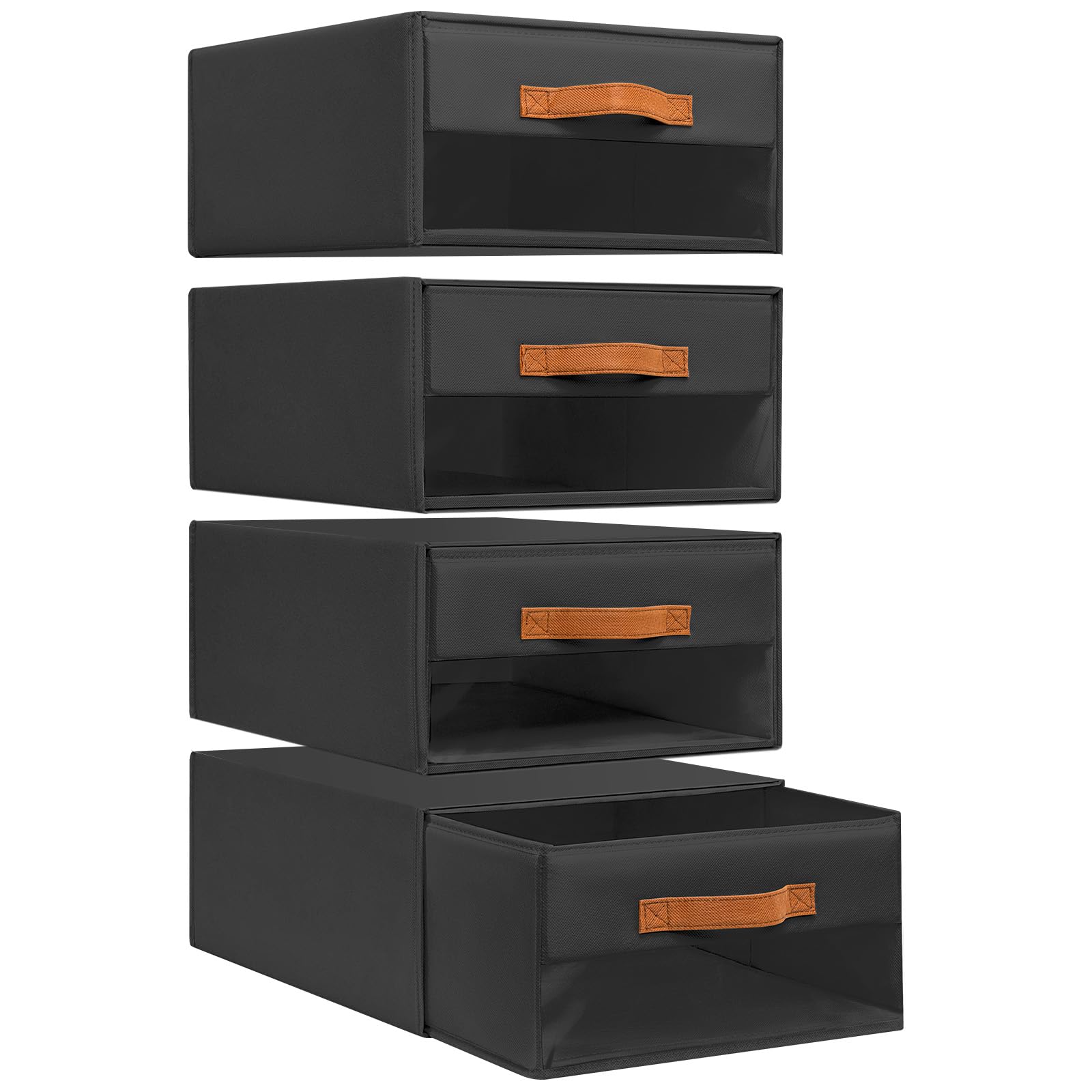 DIMJ Wardrobe Organisers Storage Drawers - Pull-Out Storage Boxes with Drawers Foldable Stackable Storage Drawers Units with Clear Window and Handle for Bedroom, Living Room, 4 Pack, Black — image 1