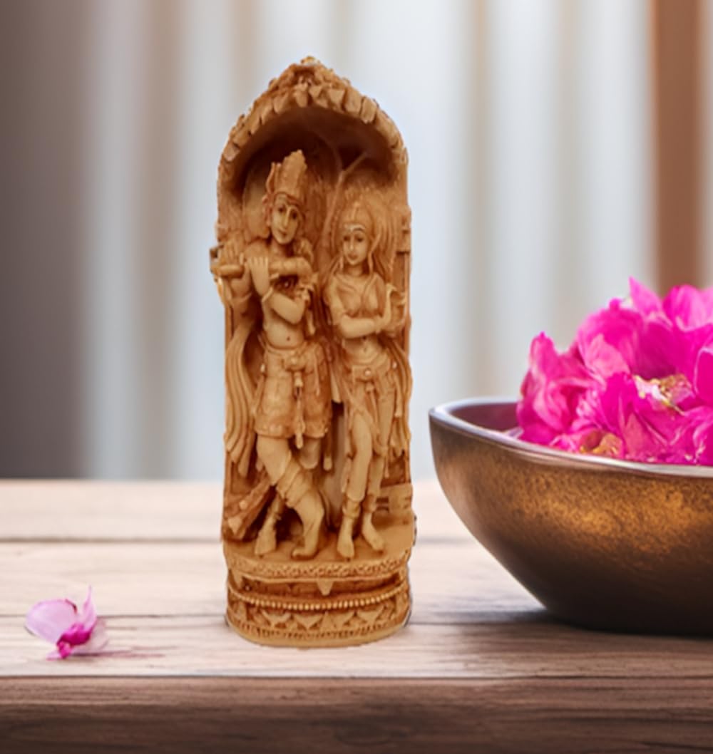 PurpledipResin Idol Radha Krishna Raasleela: Decorative Statue In Wood Finish For Decoration Or Home Temple, Large (12662A)