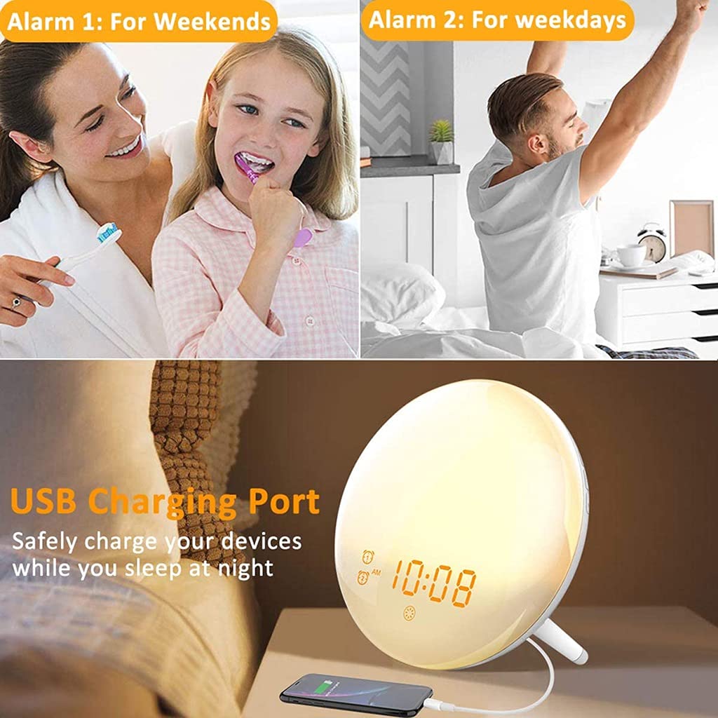2 Pz Wake Up Light, Sveglia All'alba, Simulazione Alba/Tramonto, Doppio Allarme, Funzione Snooze, 7 Suono Naturale e Radio FM